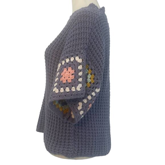 Universal Thread Women's M Purple Crochet Sweater Top Short Sleeves Ruffle Neck - Picture 4 of 11